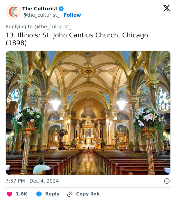 Interior view of St. John Cantius Church in Chicago, showcasing beautiful and striking church architecture in the US.