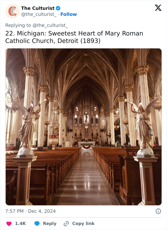 Interior view of Sweetest Heart of Mary Roman Catholic Church in Detroit with ornate arches and angel statues, beautiful striking church.