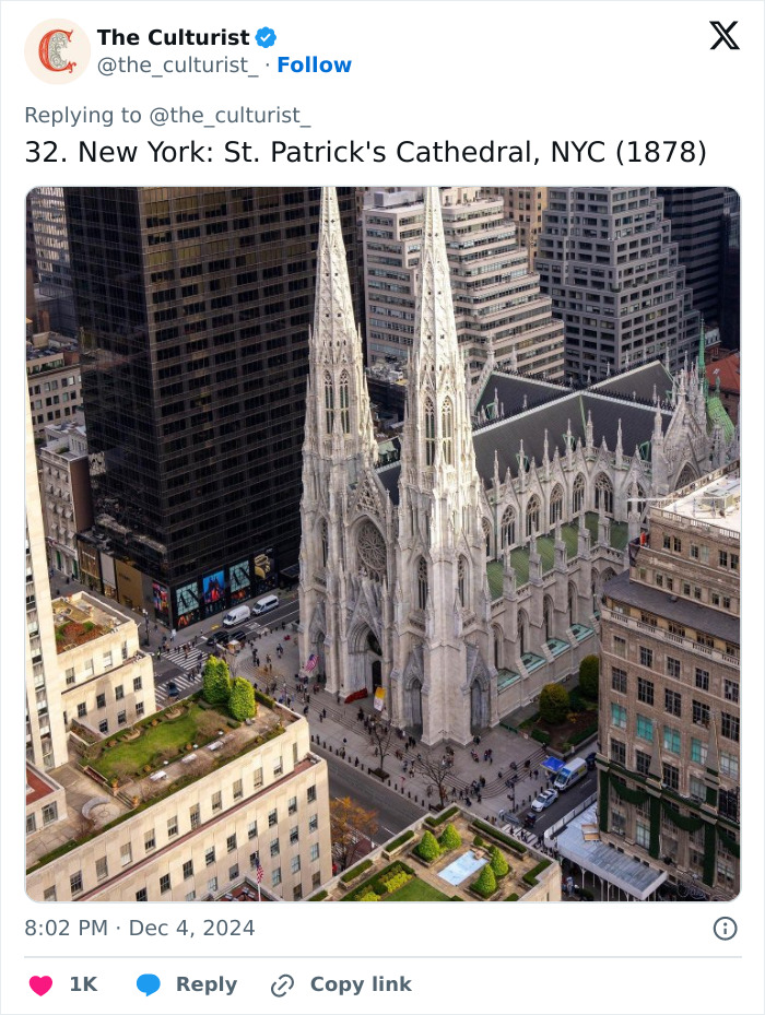 Aerial view of St. Patrick's Cathedral in New York City, a beautiful and striking church among US architecture.