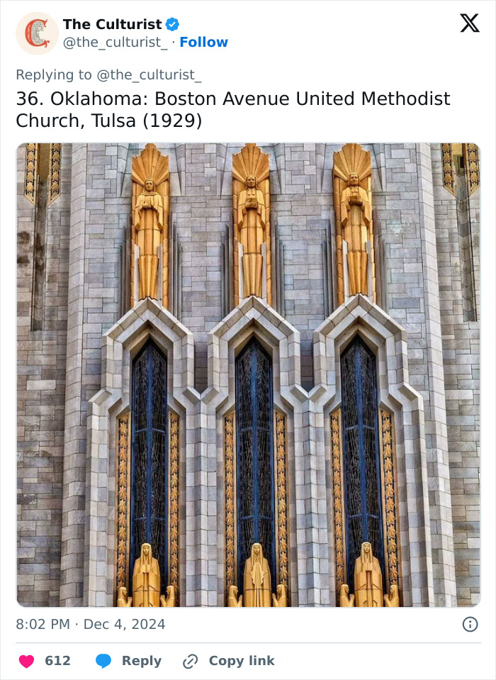 Art Deco facade of Boston Avenue United Methodist Church in Tulsa featuring golden statues and tall stained glass windows, striking church design.