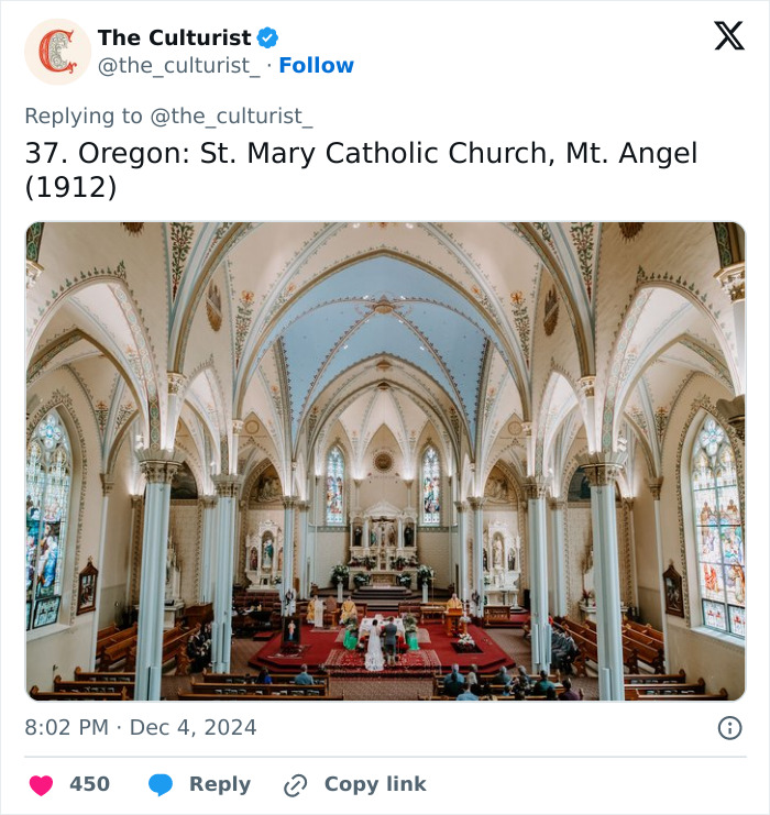 Interior view of a beautiful church with vaulted ceilings and stained glass windows in Oregon, one of the striking churches in the US.