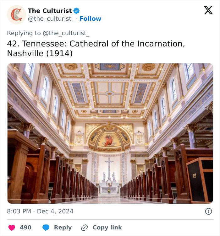 Interior view of Cathedral of the Incarnation in Tennessee with ornate ceiling and wooden pews, a beautiful striking church in the US.