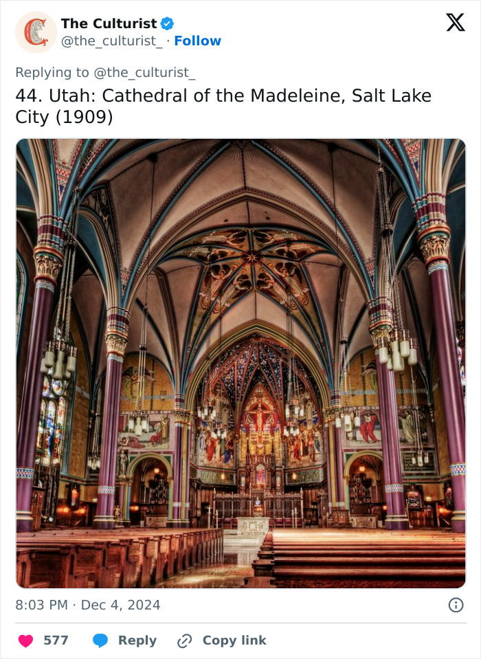 Interior view of a beautiful, spectacular, and striking church with colorful arches and detailed murals in Salt Lake City.