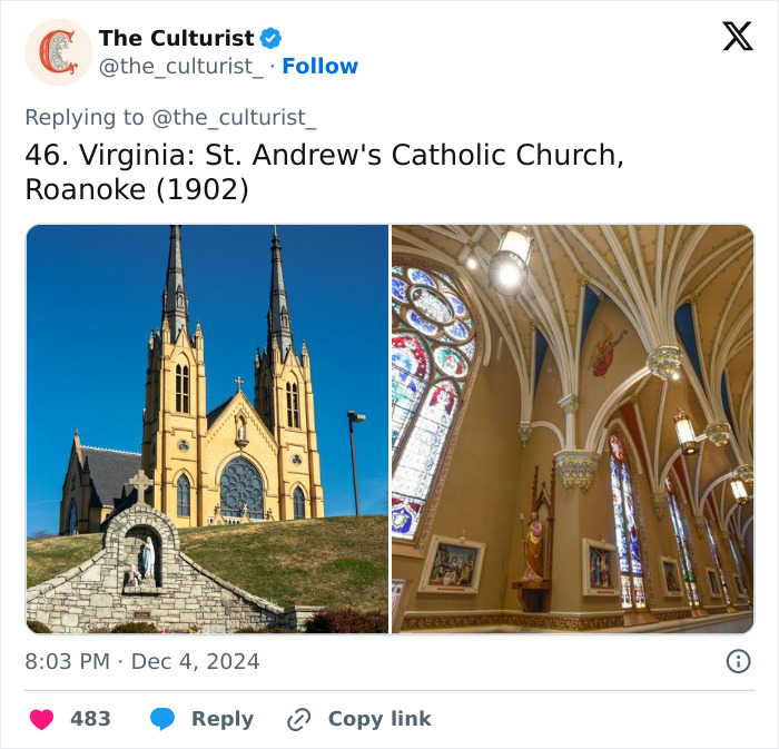 Exterior and interior views of St. Andrew's Catholic Church in Roanoke, featuring striking architecture and stained glass windows.