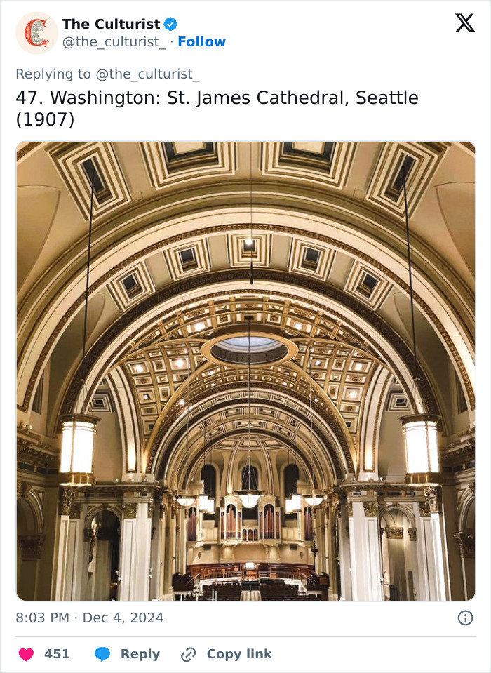 Interior view of St. James Cathedral in Seattle showcasing beautiful, spectacular, and striking church architecture in the US.