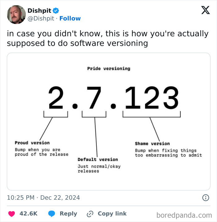 Tweet explaining software versioning humor with a meme linking proud, default, and shame versions in programming.