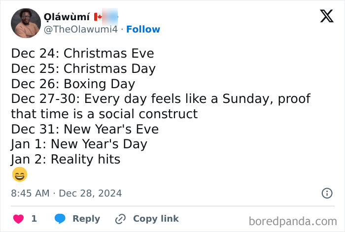 Tweet listing British holiday dates in December and January humorously reflecting unapologetically British social attitudes and time perception.