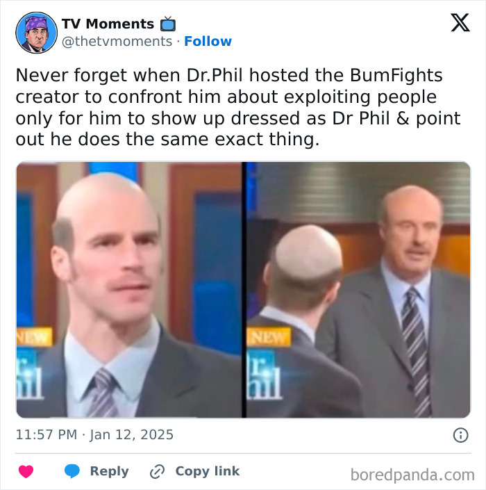 Man dressed as Dr. Phil confronting Dr. Phil on a TV show in a funny and relatable TV meme moment.