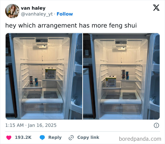Tweet showing two fridge arrangements with few items, humorously asking which has more feng shui, part of hilarious tweets shared online.