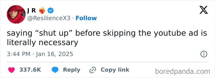 A hilarious tweet about skipping YouTube ads shared on social media with many likes and replies.