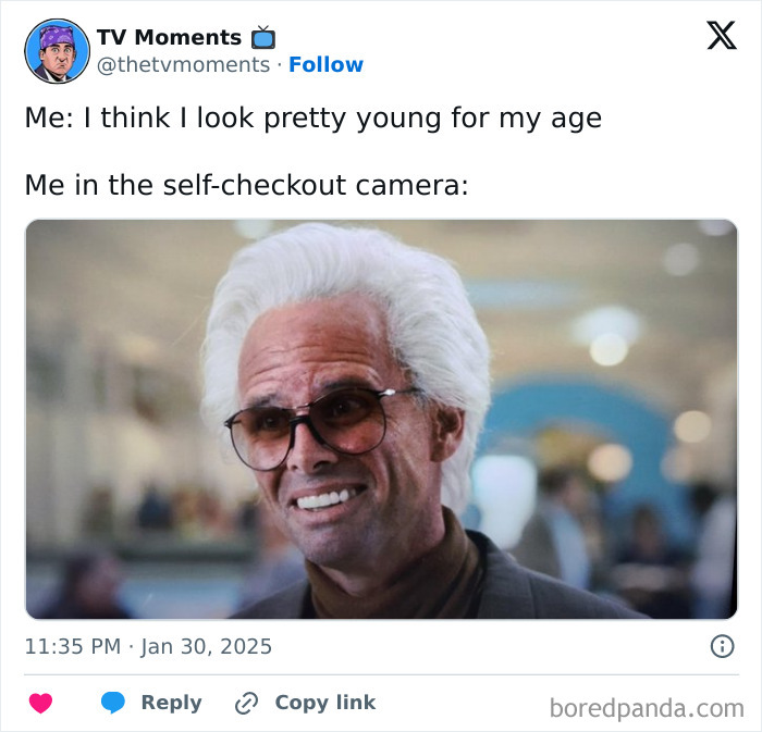 Person with white hair and sunglasses making a funny face in a TV meme about looking young for their age.