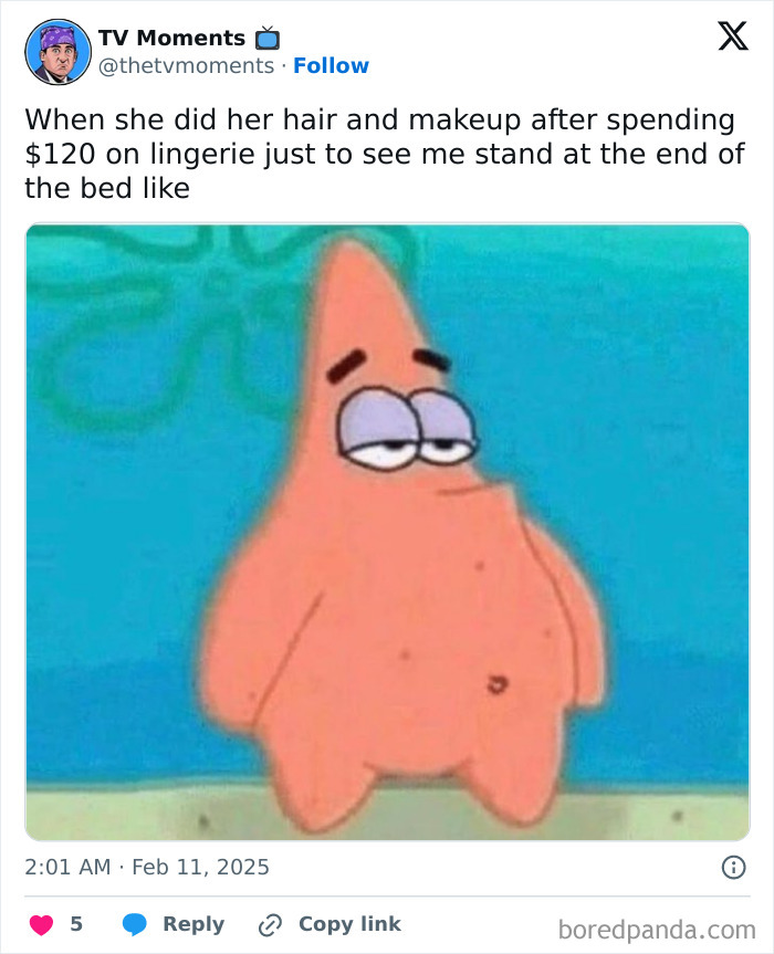 Patrick Star looking unimpressed in a funny and relatable TV meme about lingerie and makeup expectations.