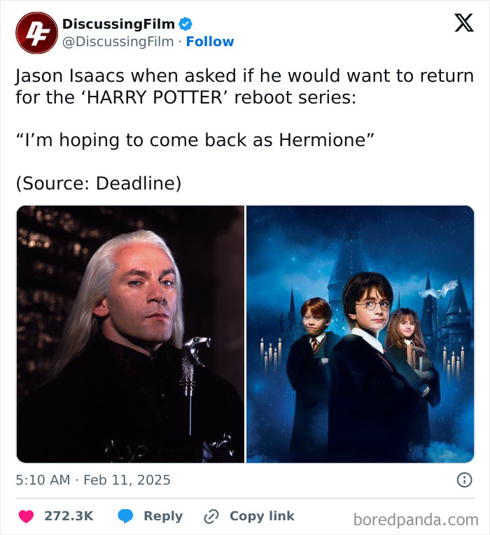 Tweet about Jason Isaacs joking to return as Hermione in Harry Potter reboot, with images of Lucius Malfoy and main characters.