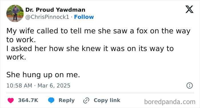 Tweet showing a funny exchange about seeing a fox on the way to work in a collection of hilarious tweets shared online.