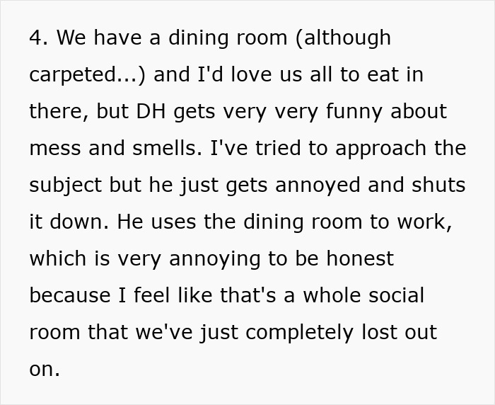Text discussing a mom struggling with challenges to eat together with family in the dining room due to her husband&rsquo;s preferences.