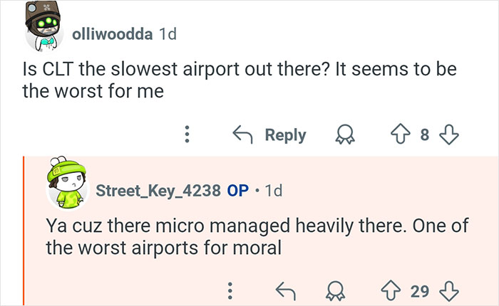 Screenshot of Reddit comments discussing airport speed and TSA worker insights on airport management and morale.
