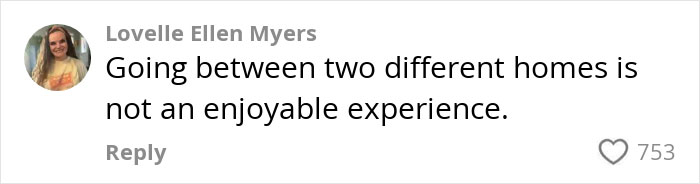 Comment by Lovelle Ellen Myers discussing challenges of going between two different homes in a social media post.