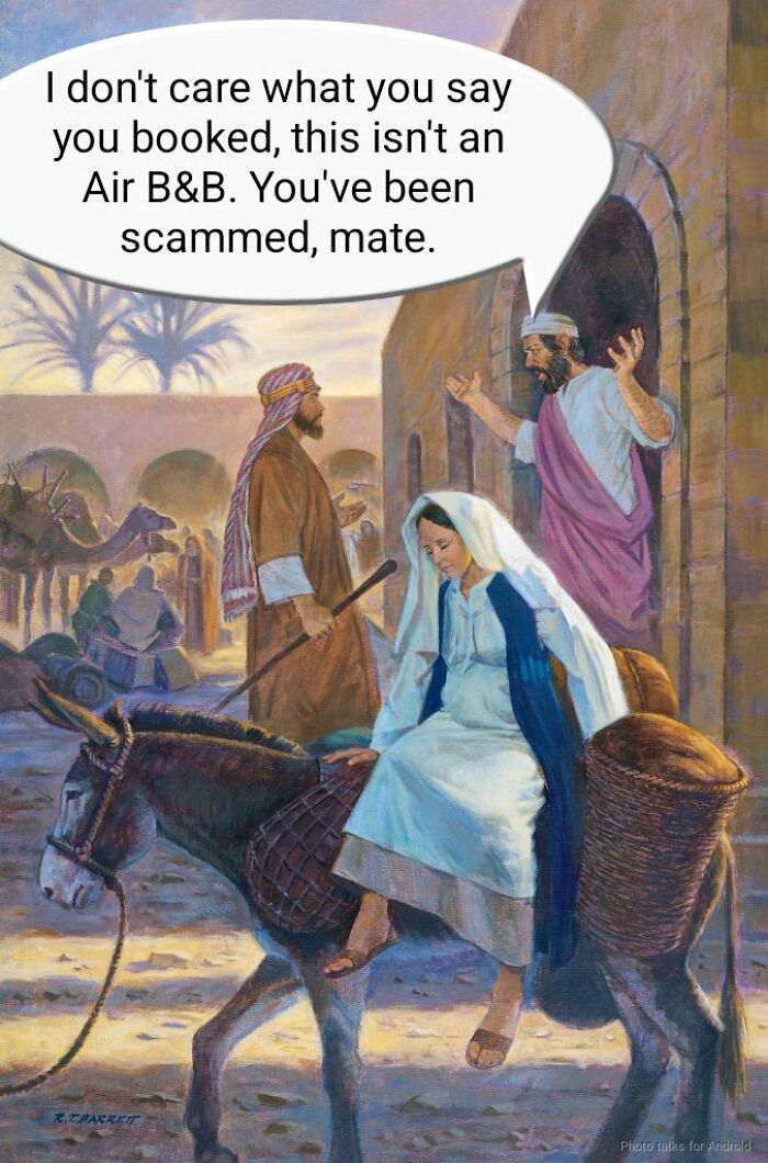 Classical painting humor with meme caption about a biblical scene and a humorous Airbnb booking scam conversation.