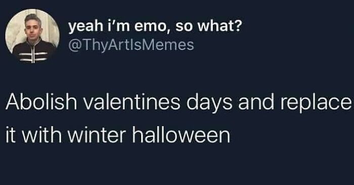Social media post humorously suggests replacing Valentine's Day with winter Halloween, appealing to horror and Halloween fans.