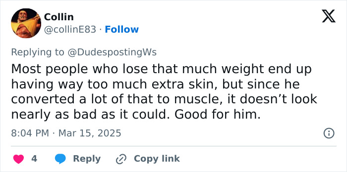 Tweet discussing weight loss challenges and muscle conversion, referencing My Name Is Earl actor's stunning new look after losing 250lbs.