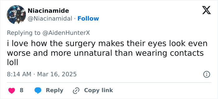 Tweet criticizing controversial eye color surgery, highlighting unnatural appearance and risks of risking blindness.