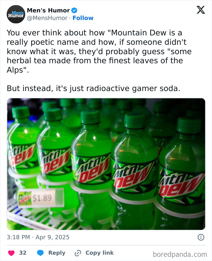 Tweet about Mountain Dew being called radioactive gamer soda, with an image of several Mountain Dew bottles in a fridge, funny Thunder Dungeon memes.