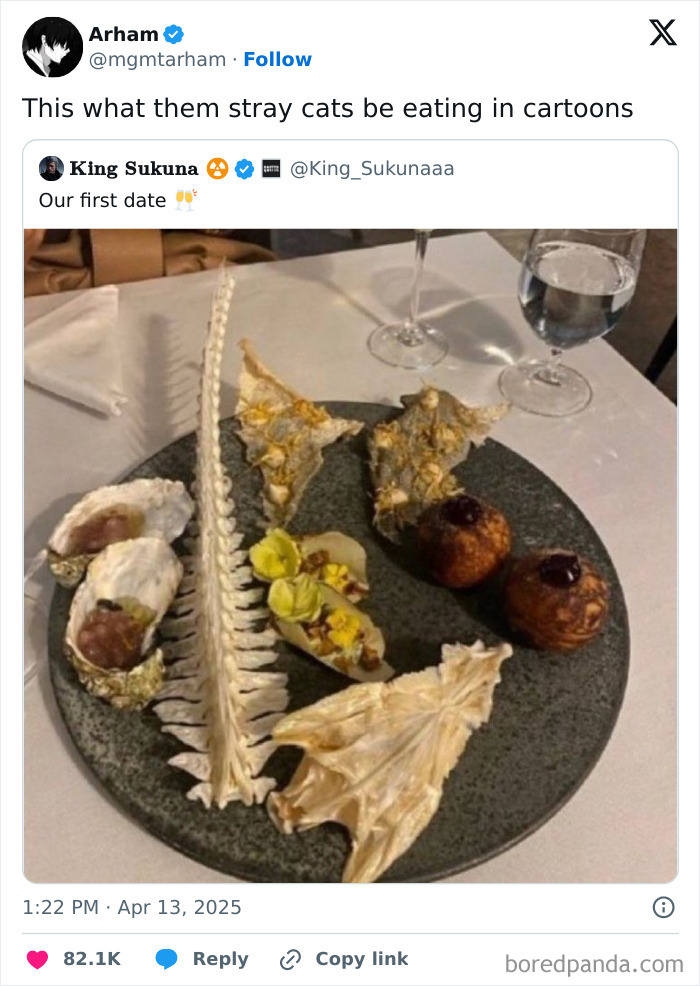 Tweet showing a humorous plate with unusual food items resembling cartoon stray cat meals from hilarious tweets shared online.