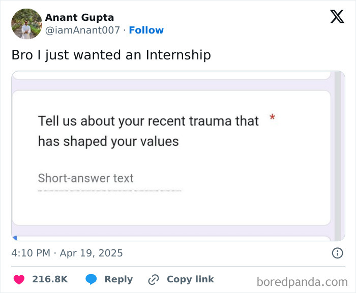 Tweet showing a humorous internship application question about recent trauma, featured in hilarious tweets people couldn’t help but share.