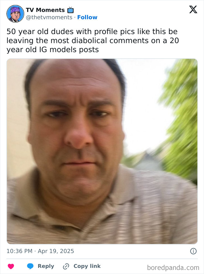 Blurry selfie of a middle-aged man, illustrating a funny and relatable TV meme about social media profile pics.