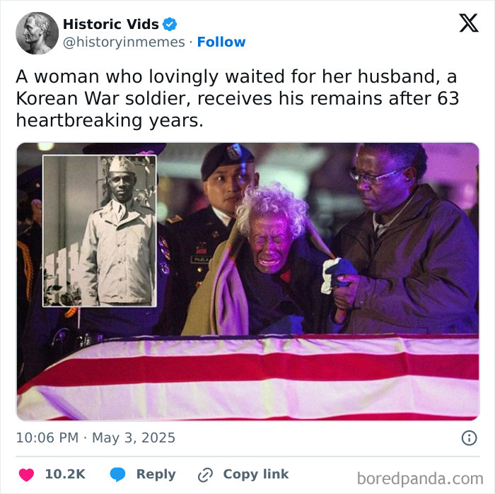 Elderly woman receives Korean War soldier husband's remains, a touching and wholesome post to brighten your feed.