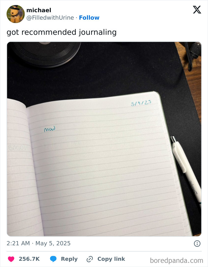 Open notebook with the word mad written on a page, alongside a white pen on a black desk surface.