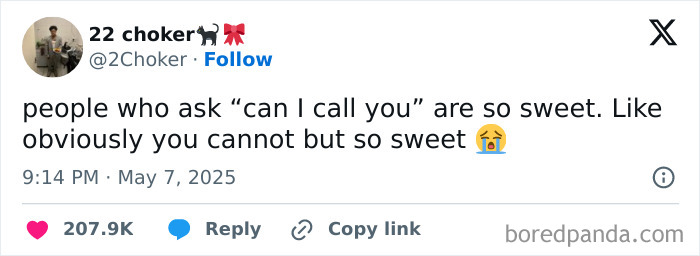 Screenshot of a hilarious tweet about people asking "can I call you," shared on social media with high engagement.