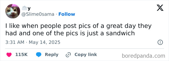 Tweet humor about people sharing random photos like sandwiches, capturing hilarious tweets people couldn’t help but share.