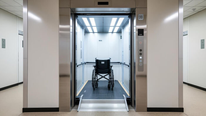 Empty wheelchair inside a hospital elevator, creating a spooky atmosphere for scary ghost stories hospital work.