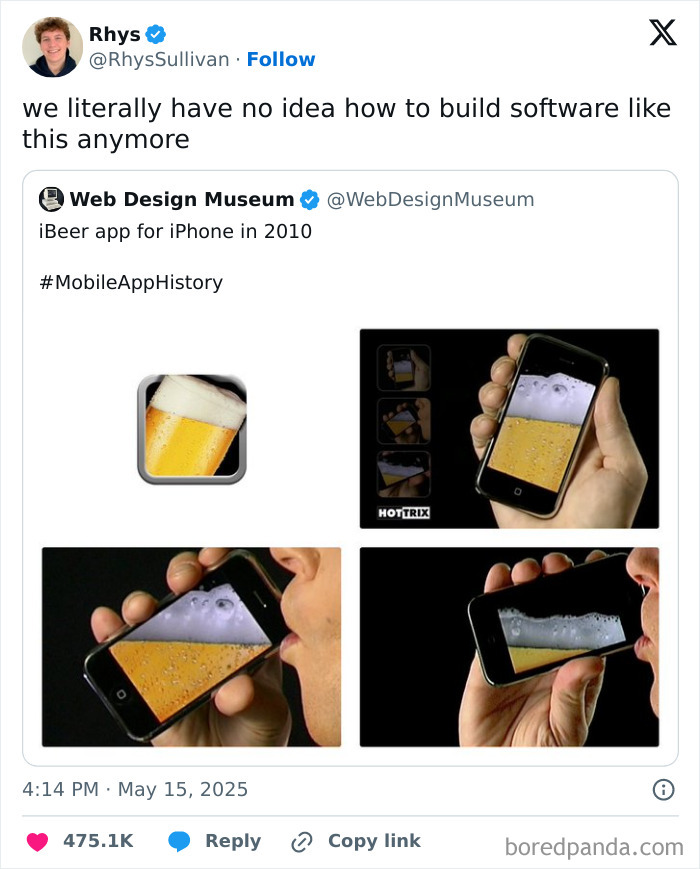 Screenshot of a tweet showing the iBeer app on an iPhone, illustrating early mobile app design in programming memes.
