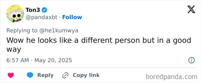 Screenshot of a social media comment praising Jonah Hill&rsquo;s major transformation, noting he looks like a different person.