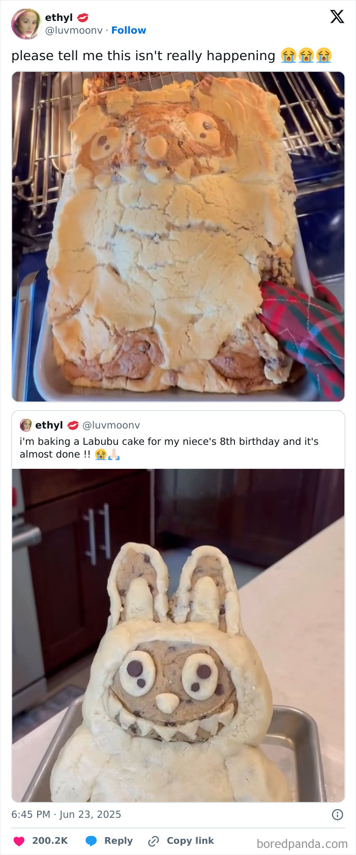 Two humorous tweets show a baking fail and a nearly finished Labubu cake, highlighting hilarious tweets people shared.