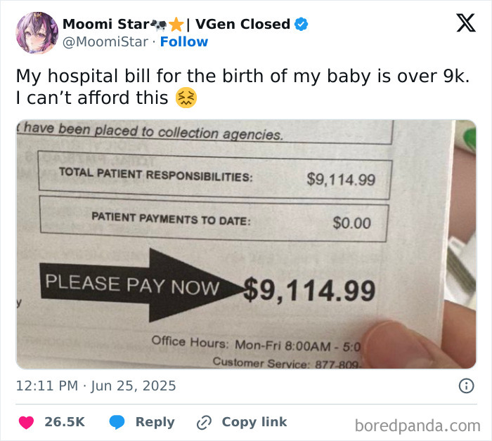 Hospital bill showing $9,114.99 total patient responsibility highlighting harsh realities of American healthcare costs.
