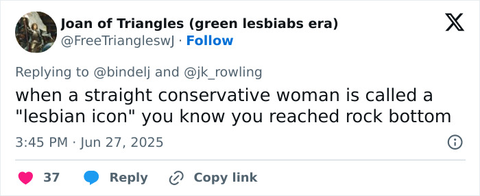 Screenshot of a tweet humorously discussing J.K. Rowling and reactions to the closet lesbian bet with social media engagement.