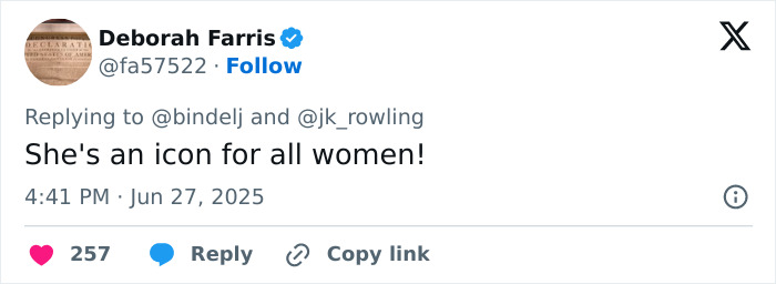 Tweet from Deborah Farris responding to J.K. Rowling, calling her an icon for all women, with engagement stats shown.