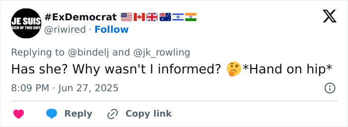 Screenshot of a social media reply questioning J.K. Rowling's identity with humorous and skeptical tone.