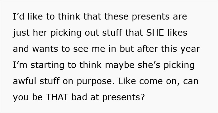 Alt text: Text expressing frustration about mums bad birthday presents and questioning if it's intentional or just poor gift choices.