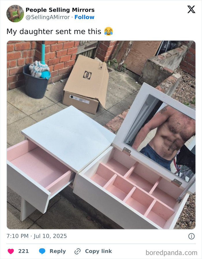 Vanity mirror with open drawers reflecting a muscular torso, showcasing funny mirror selling moments and reflection humor.