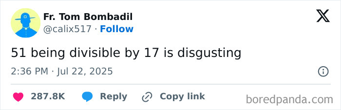 A tweet humorously stating that 51 being divisible by 17 is disgusting, shared on a social platform.