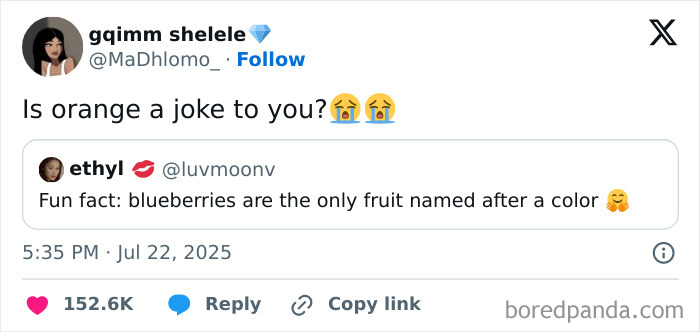Tweet humor with emojis debating if orange is a joke, referencing a fun fact about blueberries and color in hilarious tweets.