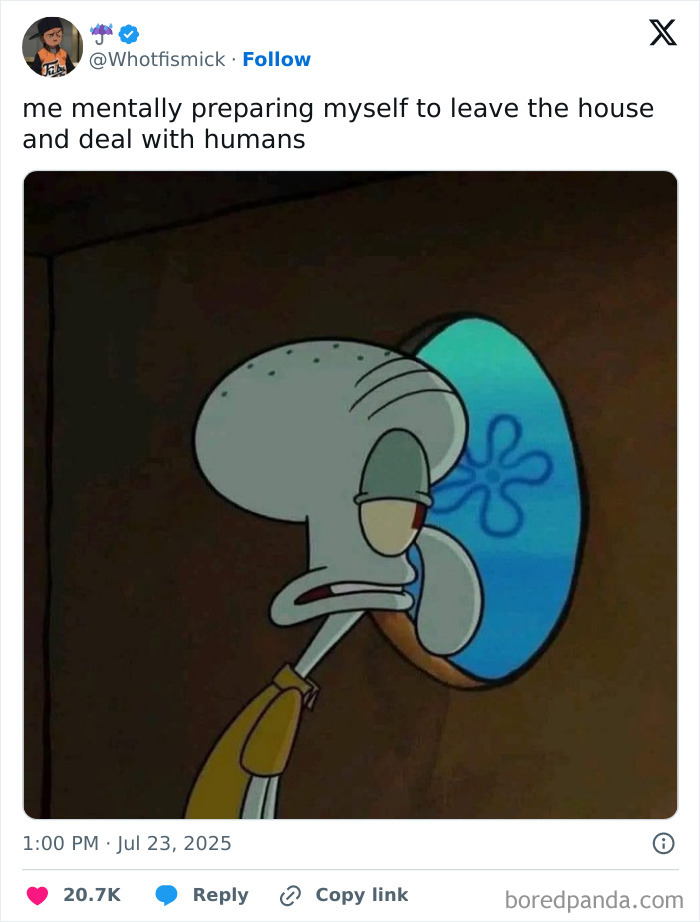 Tweet showing Squidward from SpongeBob looking tired and unmotivated, fitting hilarious tweets people couldn’t help but share theme.