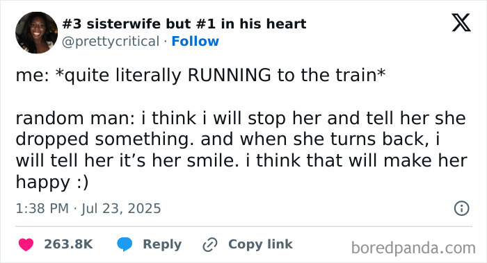 Screenshot of a humorous tweet about a random man planning to compliment a woman’s smile, shared on social media.
