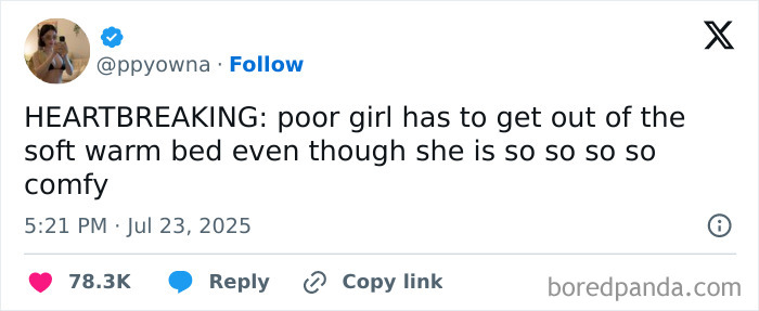 Tweet text about a girl reluctantly leaving a cozy bed, shared in a collection of hilarious tweets people couldn’t help but share.