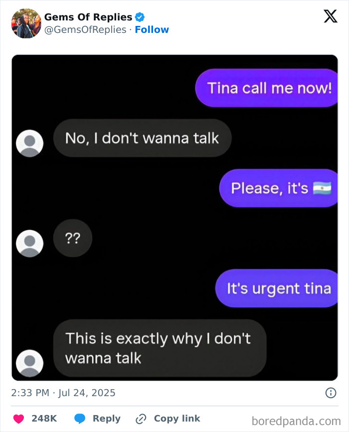 Funny tweet exchange showing a conversation where one person avoids talking, highlighting hilarious tweets shared online.