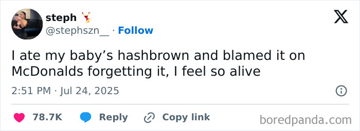Funny tweet about blaming McDonalds for forgetting a baby’s hashbrown, shared online with thousands of likes.